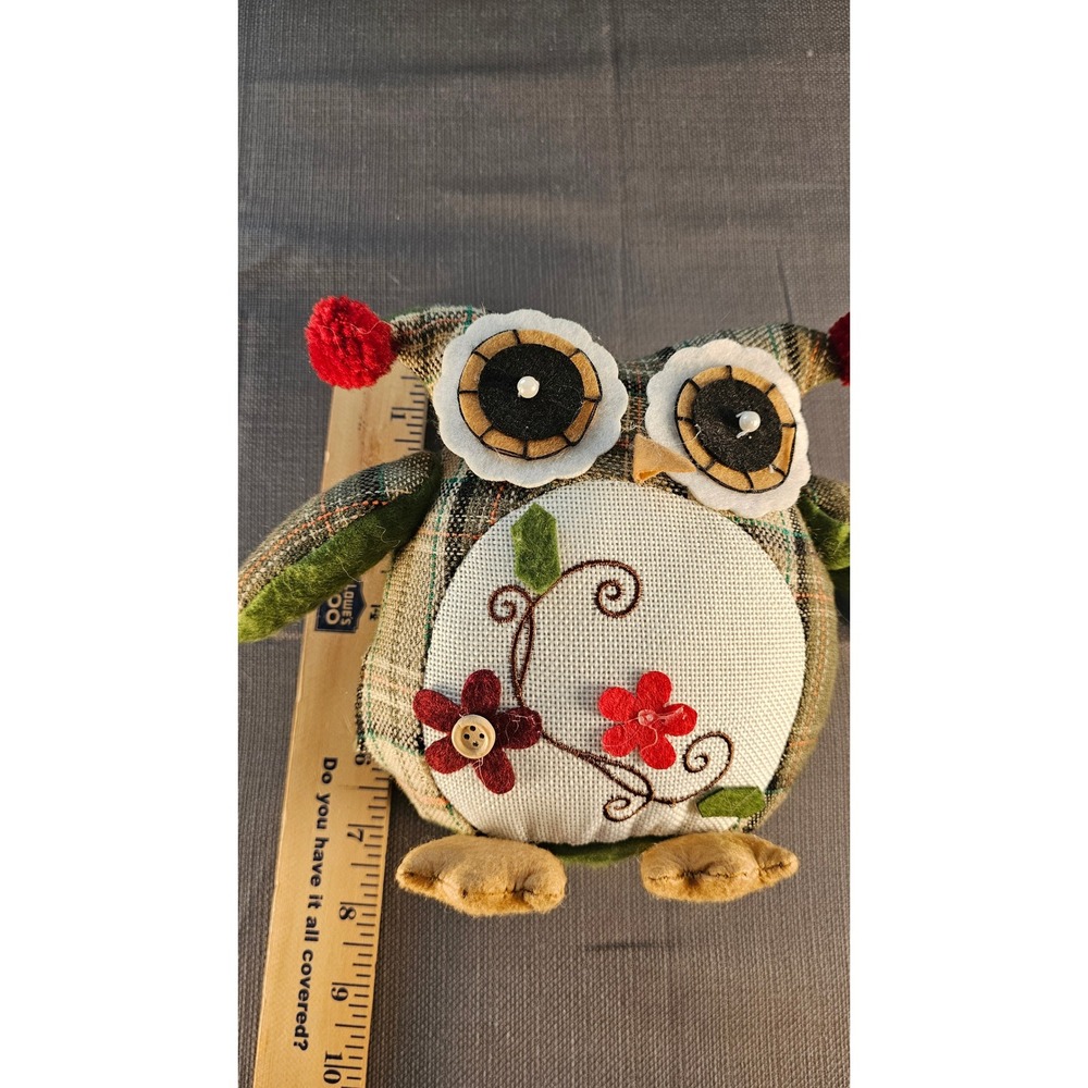 Plush Plaid Owl weighted Green Brown Floral Embroidery Pom Poms 6 inch Decor - Picture 6 of 6